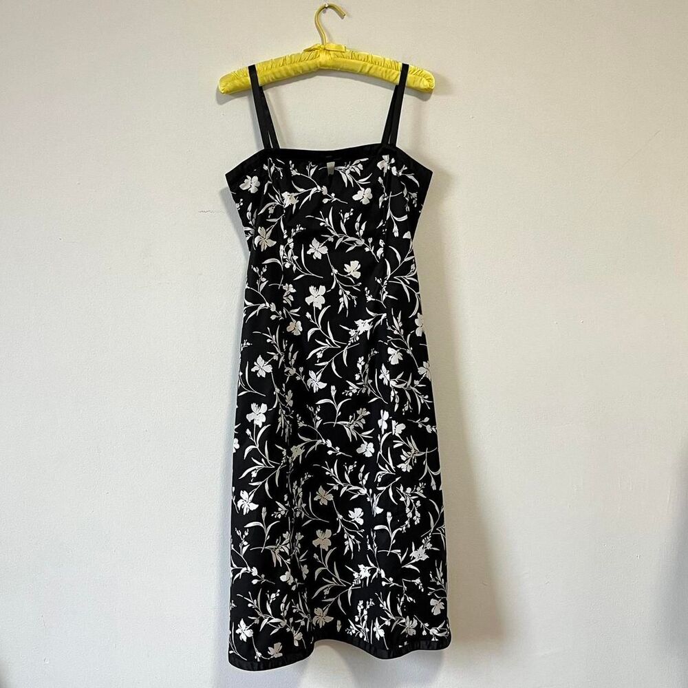 Vintage 90s Y2K Black White Floral Boned Tank Midi Dress A Line Bow Ribbon 12